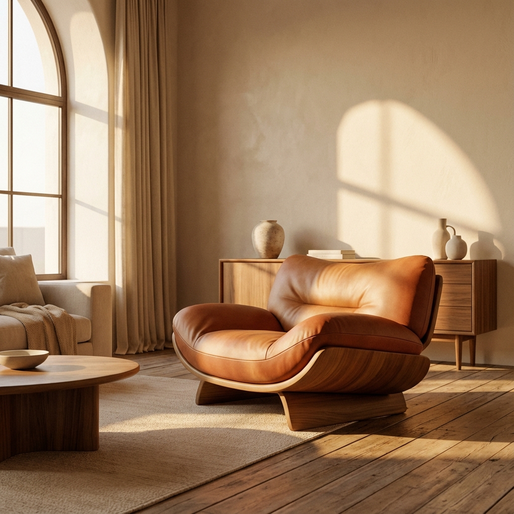 Contemporary sculptural armchair in terracotta leather